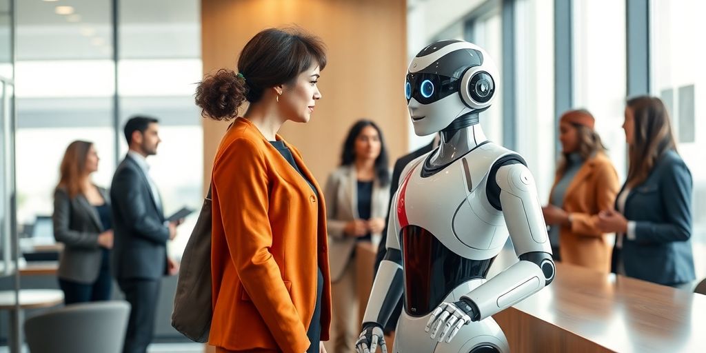 AI receptionist robot in a modern office environment.