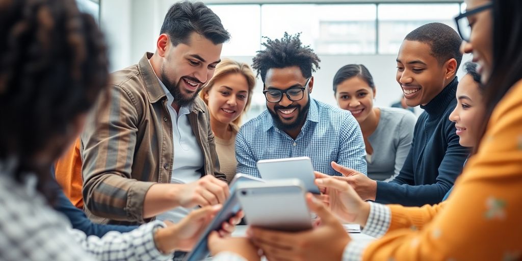 Diverse group discussing technology in a bright setting.