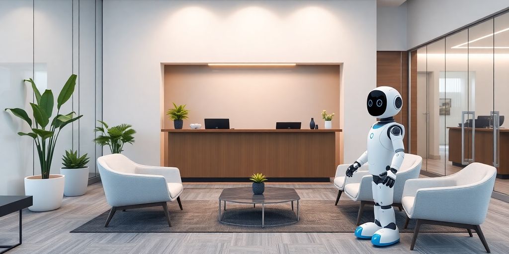 Modern office reception with AI robot assistant.