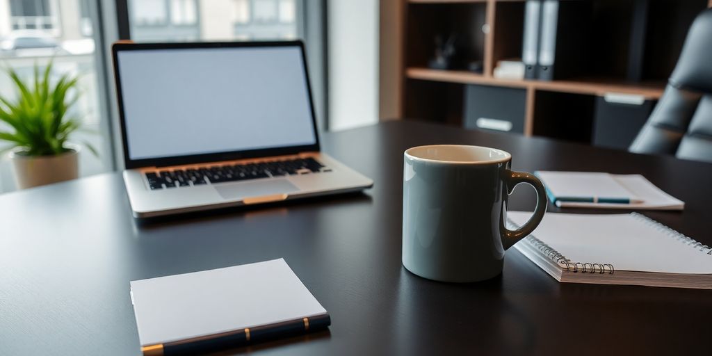 Modern office desk with laptop and notepad.