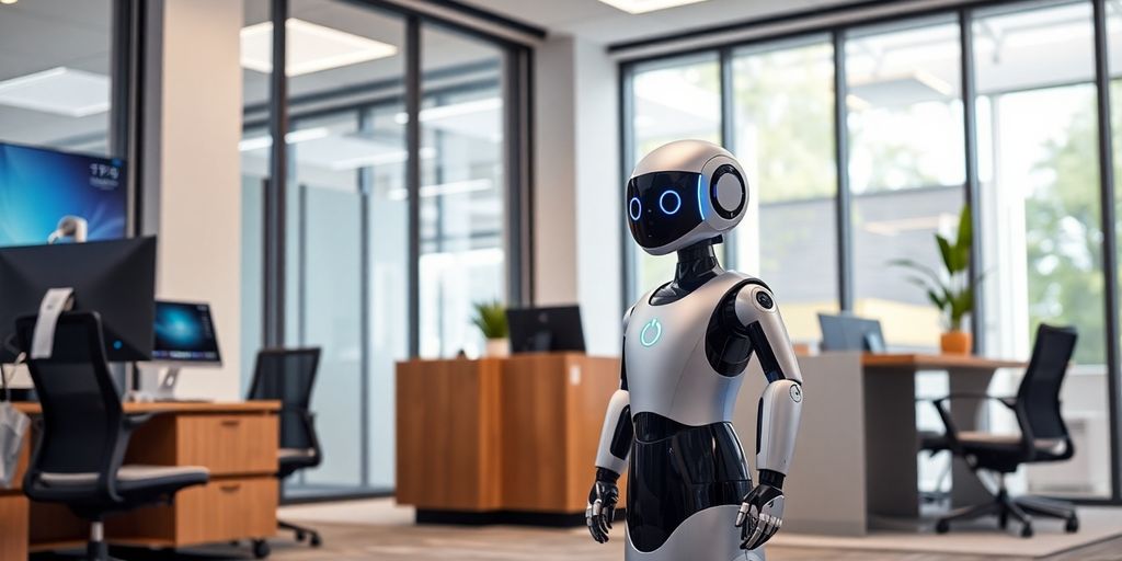 AI receptionist robot in a modern office environment.