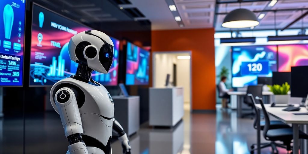 AI receptionist robot in a modern office environment.