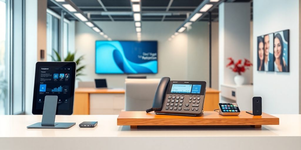 AI phone receptionist in a contemporary office environment.