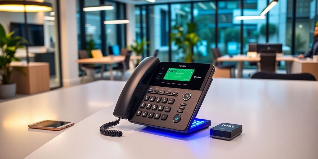 AI phone receptionist in a modern office environment.