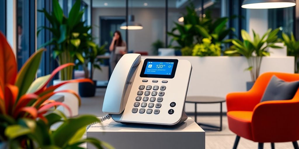 AI phone receptionist in a modern office environment.