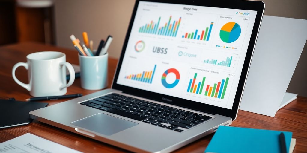 Laptop with colorful charts on a wooden desk.