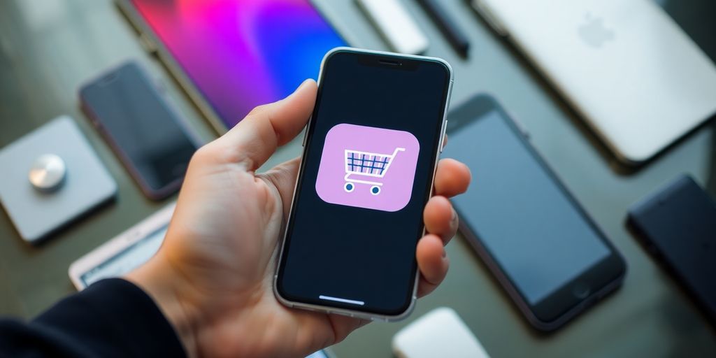 Hand holding smartphone with shopping cart icon.