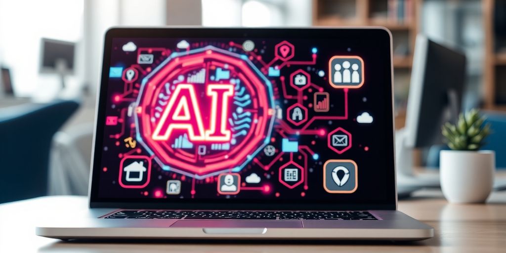 Laptop with AI graphics and marketing icons in focus.