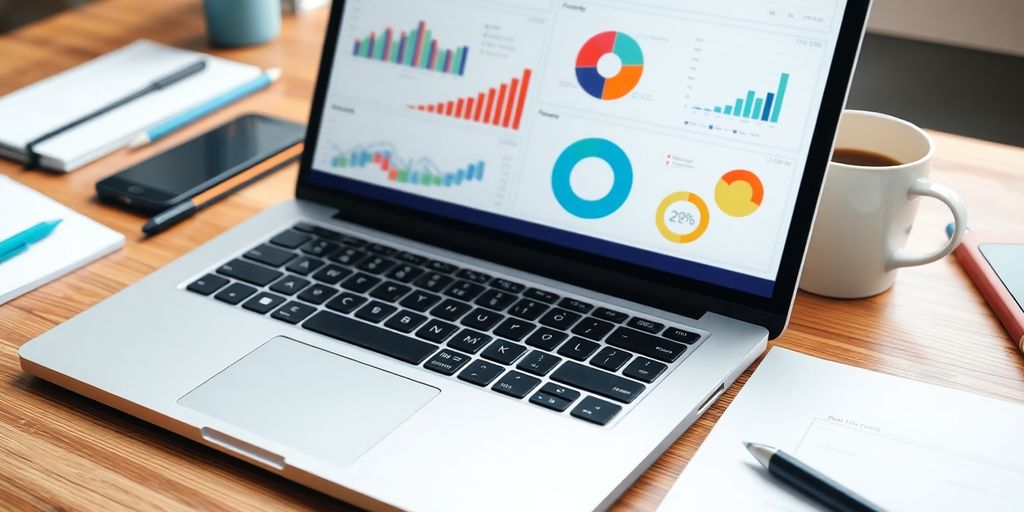 Laptop with colorful charts on a wooden desk.