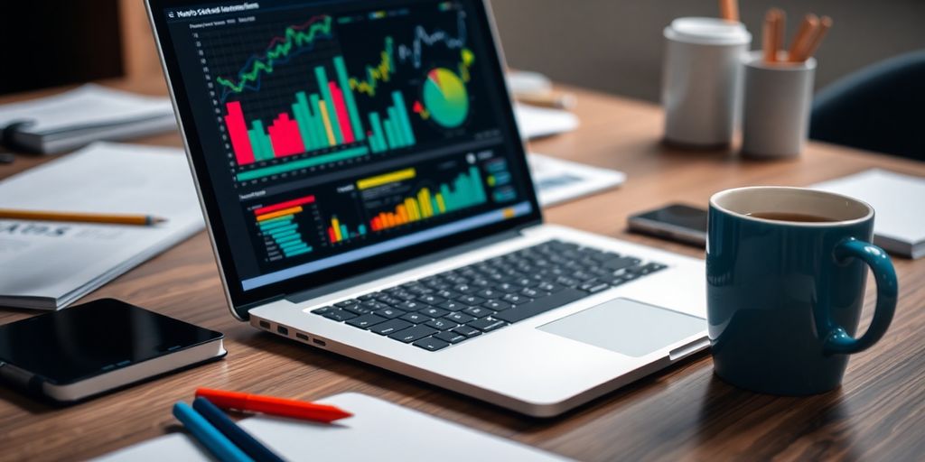 Laptop with colorful charts on a wooden desk.