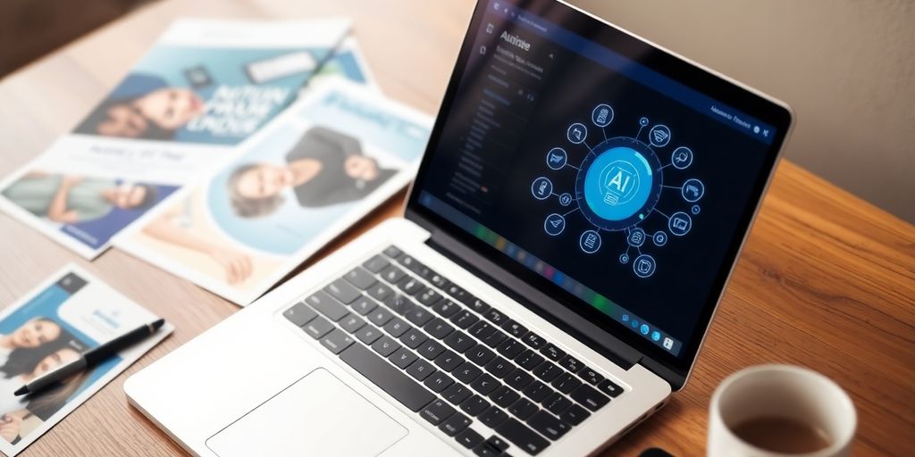 Laptop with AI interface and promotional materials on desk.