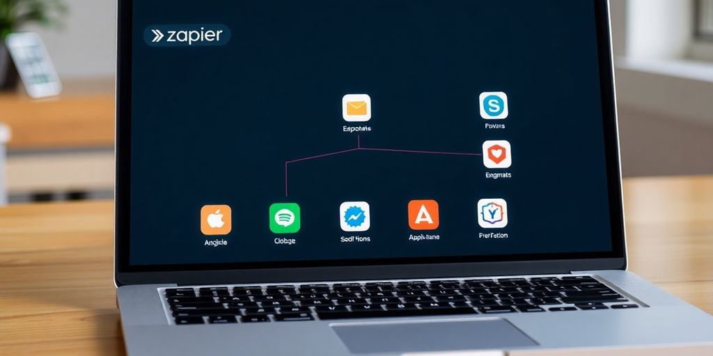 Laptop showing Zapier interface with app icons.