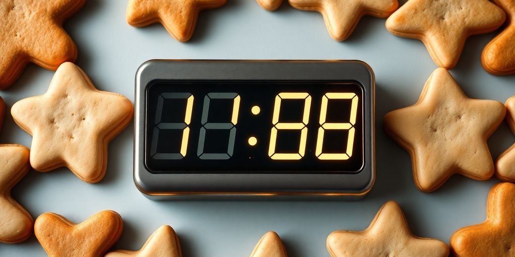 Digital clock with cookie shapes around it.