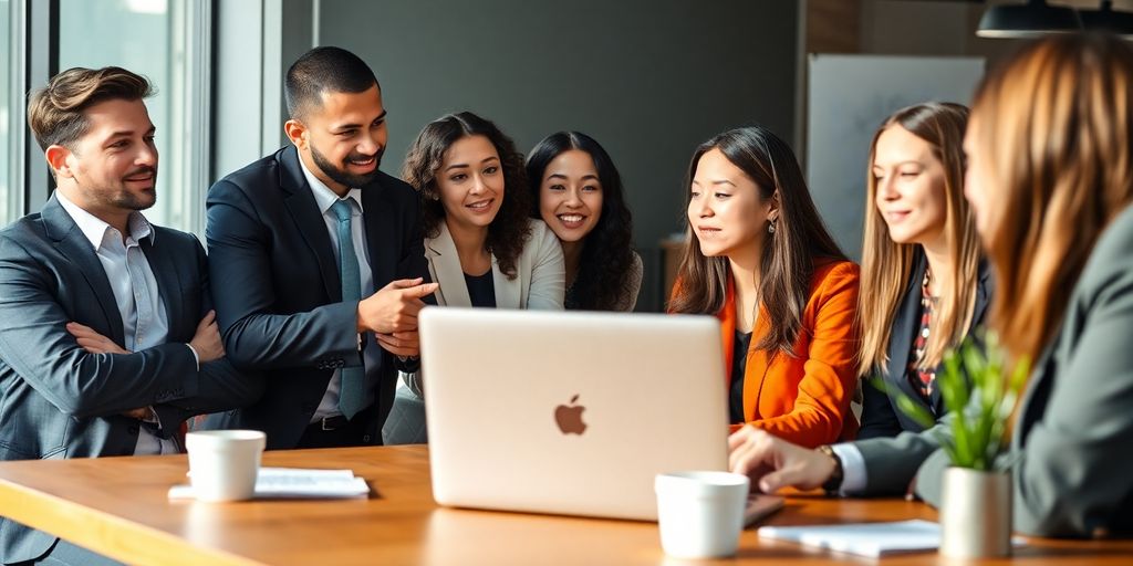 Diverse businesspeople discussing strategies in a professional setting.