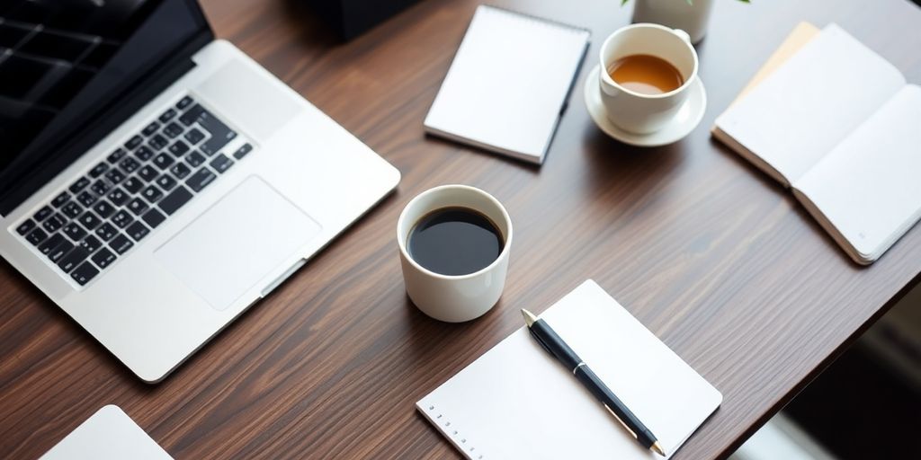 Modern workspace with laptop and coffee cup.