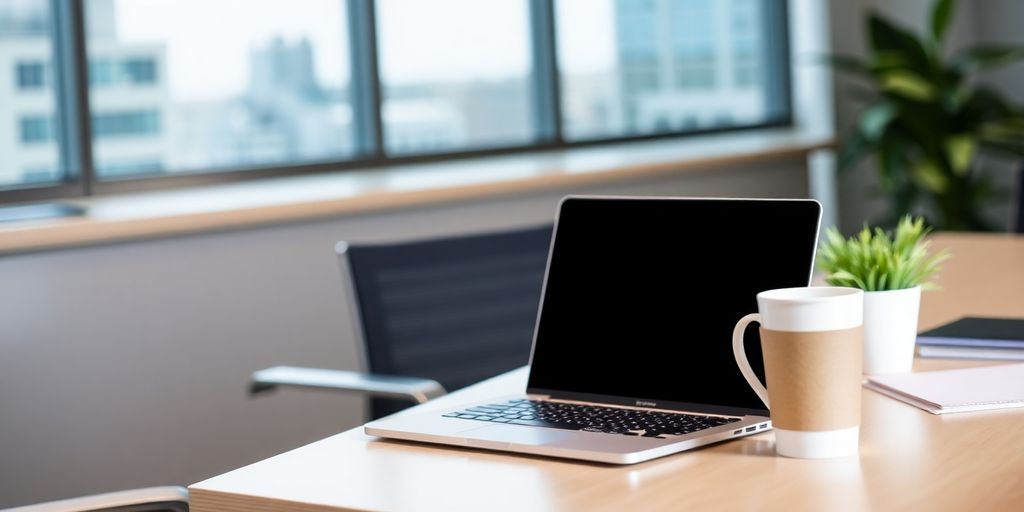 Modern office with laptop and coffee cup.