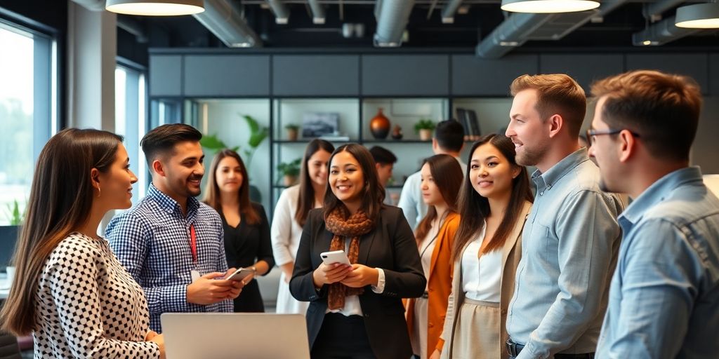 Diverse professionals networking in a modern office environment.