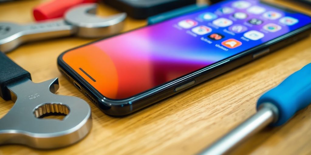 Smartphone with tools on a wooden desk.