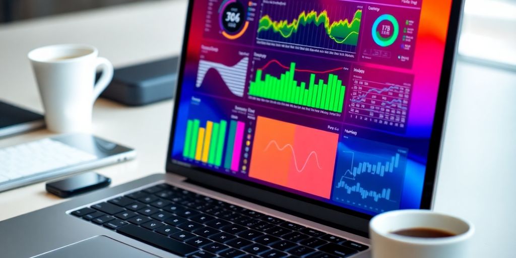 Laptop with colorful data visualizations and tech gadgets.