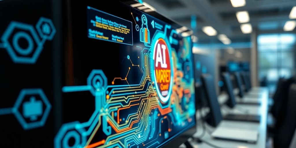 Futuristic computer with glowing circuits in an office.