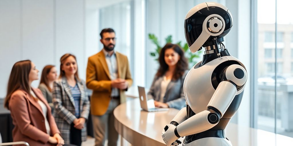 AI receptionist robot in a modern office environment.