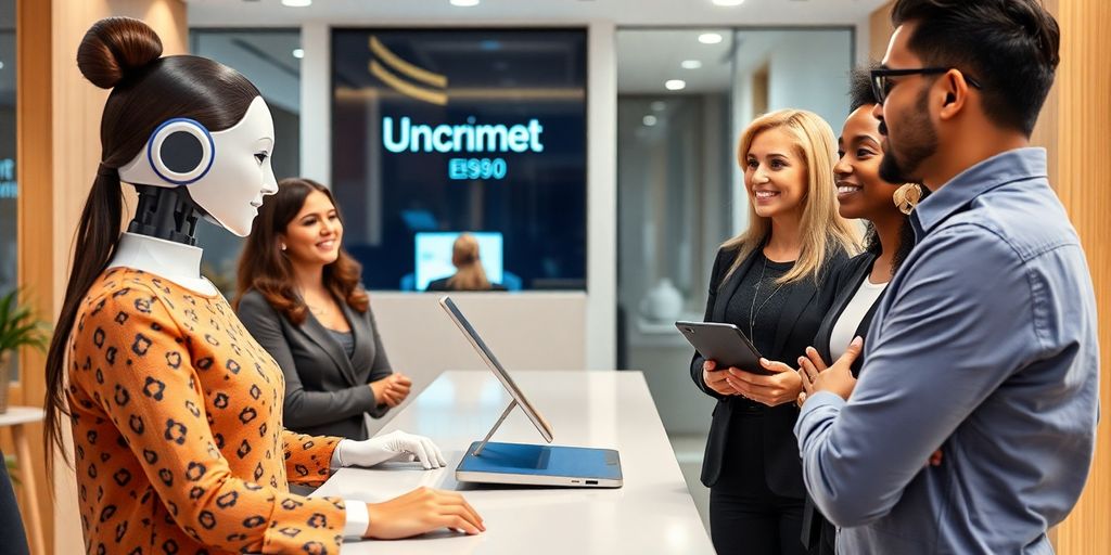 AI receptionist engaging with clients in a bright office.