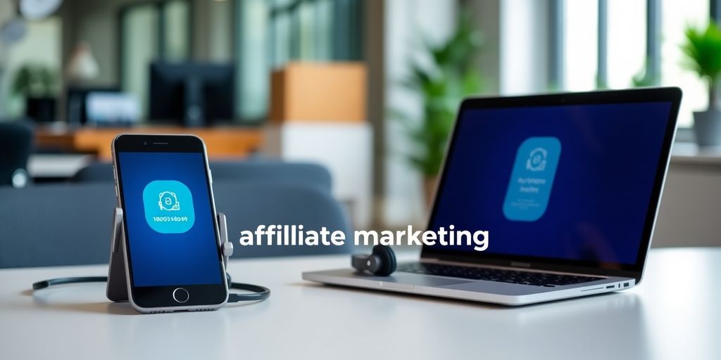 Smartphone and headset on a desk in an office.