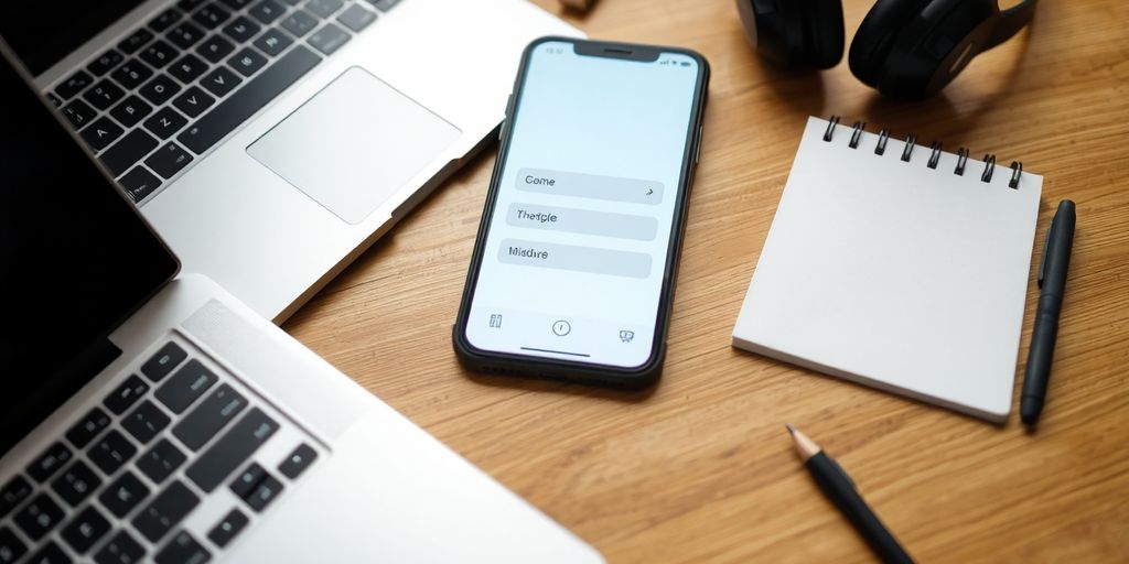 Smartphone with virtual assistant interface and tools on desk.