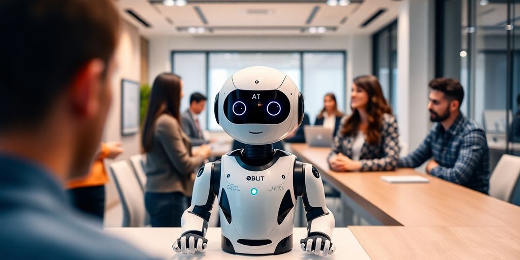 AI receptionist robot in a modern office environment.