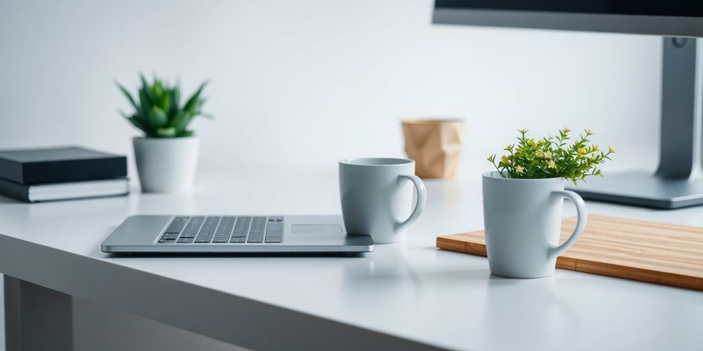 Modern office desk with laptop and coffee cup.