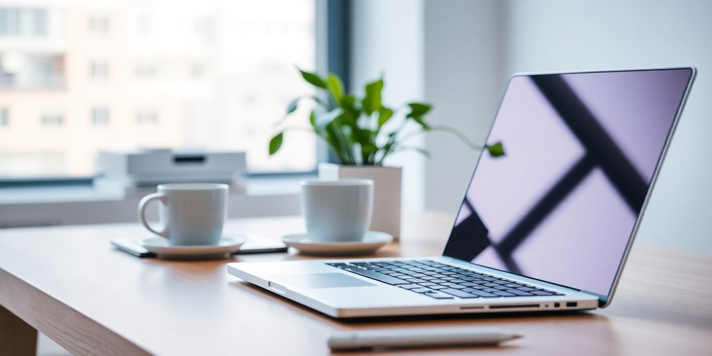 Modern office desk with laptop and coffee cup.