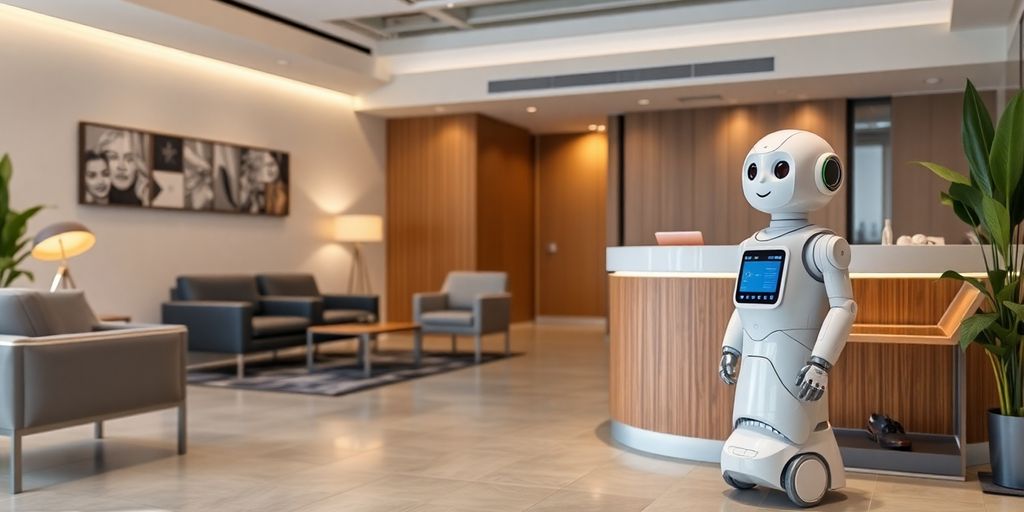 Modern reception area with AI receptionist robot.