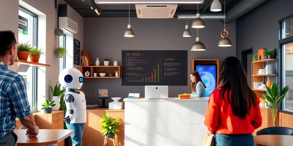 AI receptionist in a lively small business setting.