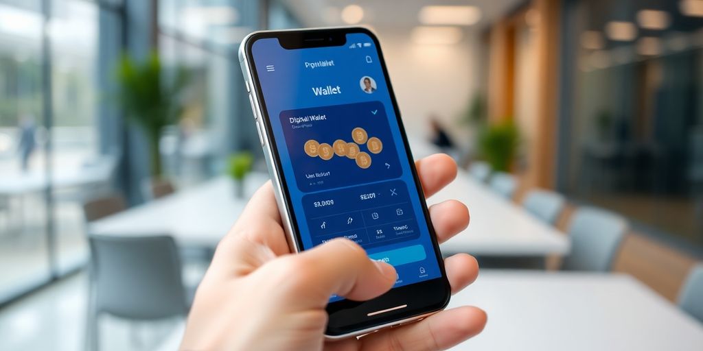 Hand holding smartphone with digital wallet and coins.