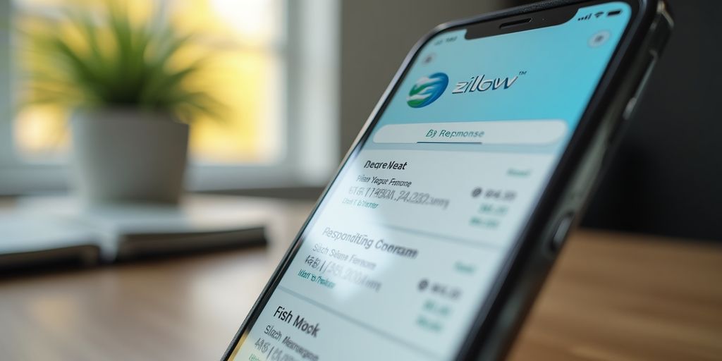 Smartphone displaying Zillow app notifications in home office.