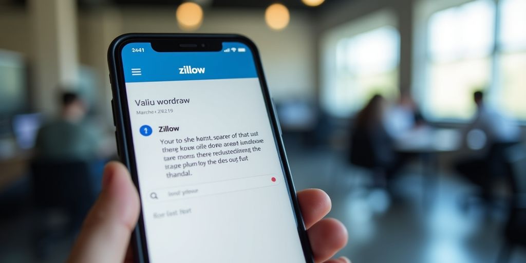 Smartphone with Zillow notification in busy office background.