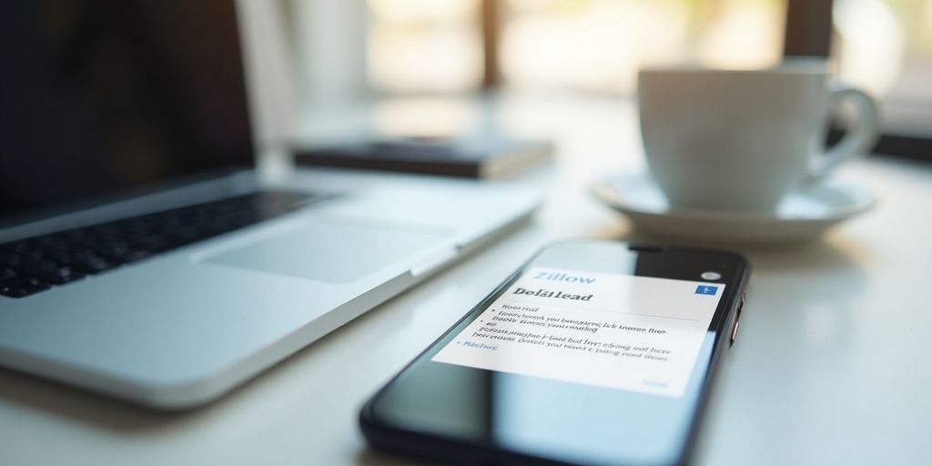Smartphone with Zillow notification in a modern workspace.