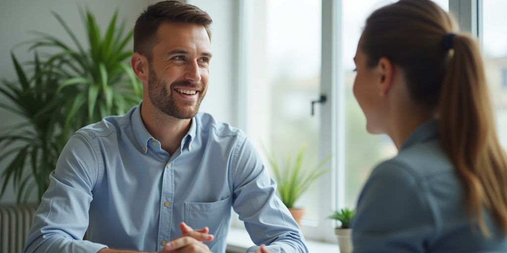 Insurance advisor consulting with a client in an office.