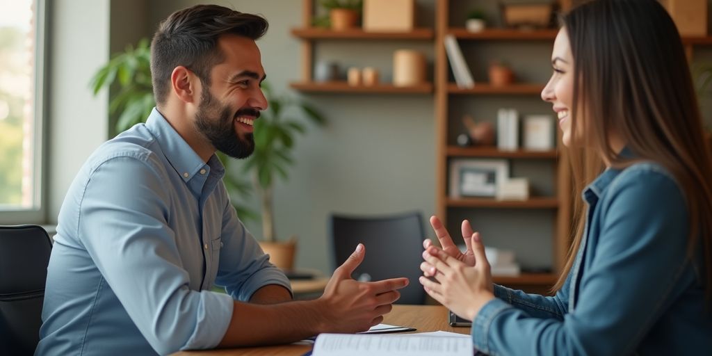 Insurance agent and client discussing policy renewal happily.