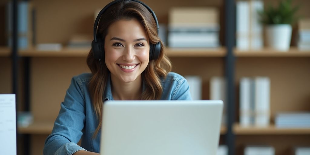 Customer service representative at laptop assisting with orders.