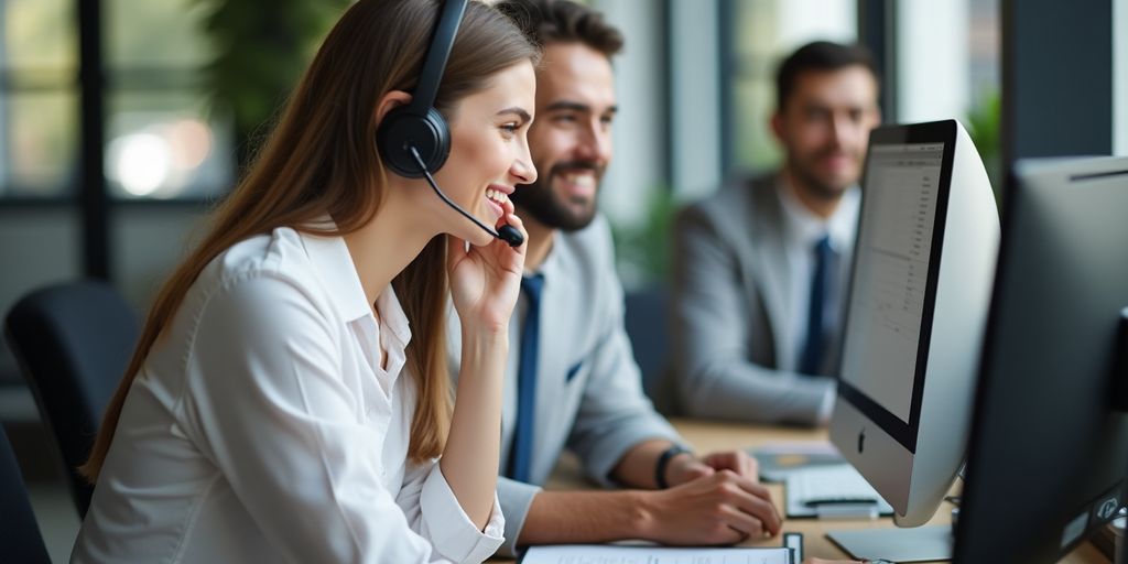 Customer service representative speaking with a client over phone.