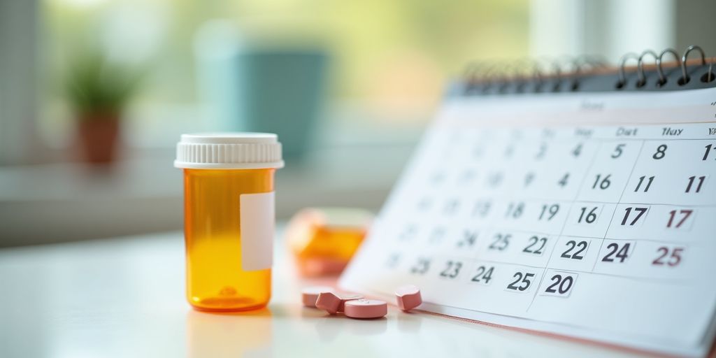 Prescription bottle and calendar for medication refill reminders.