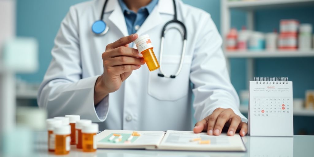 Pharmacist with prescription bottle in a bright pharmacy.