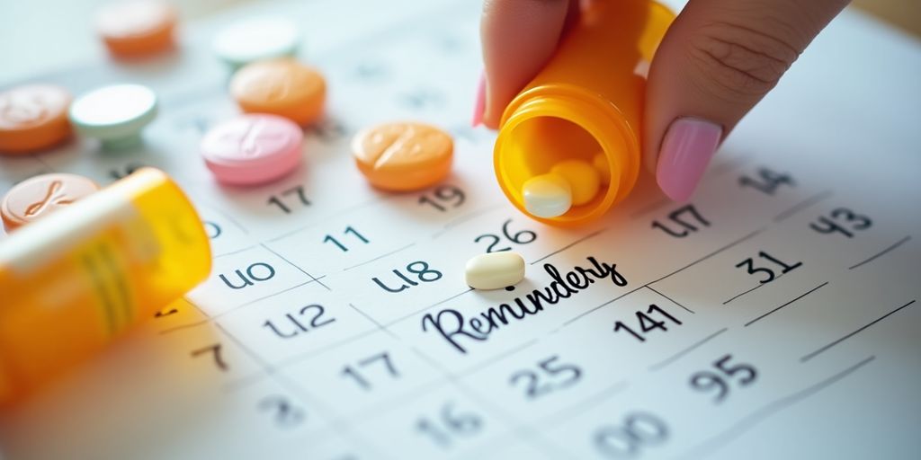 Hand holding prescription bottle with calendar in background.