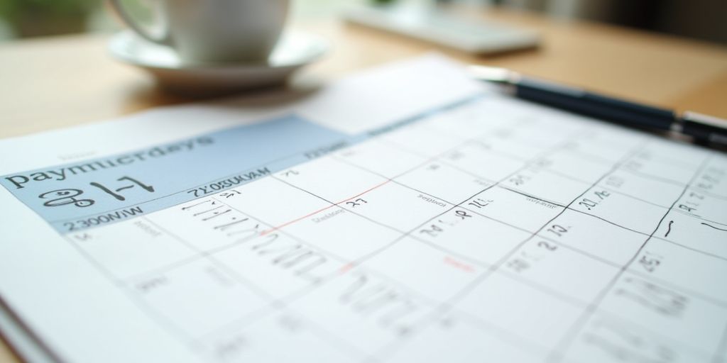 Calendar with highlighted date, coffee cup, and pen.