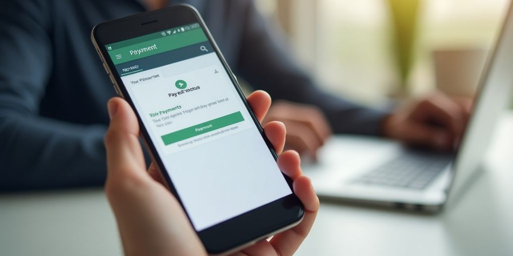 Hand holding smartphone with payment notification on screen.