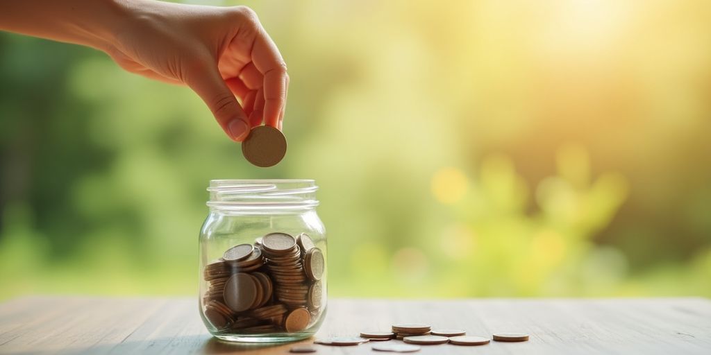 Hand placing coins into a glass jar.