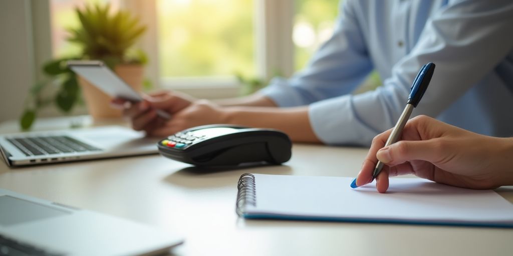 Bright workspace with laptop and payment processing tools.