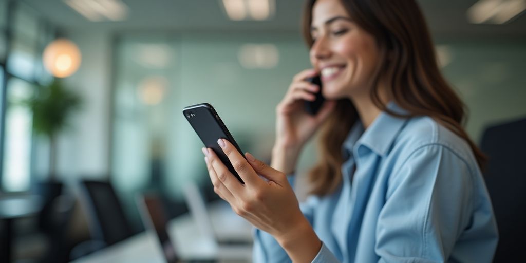 Person on smartphone in an office setting.