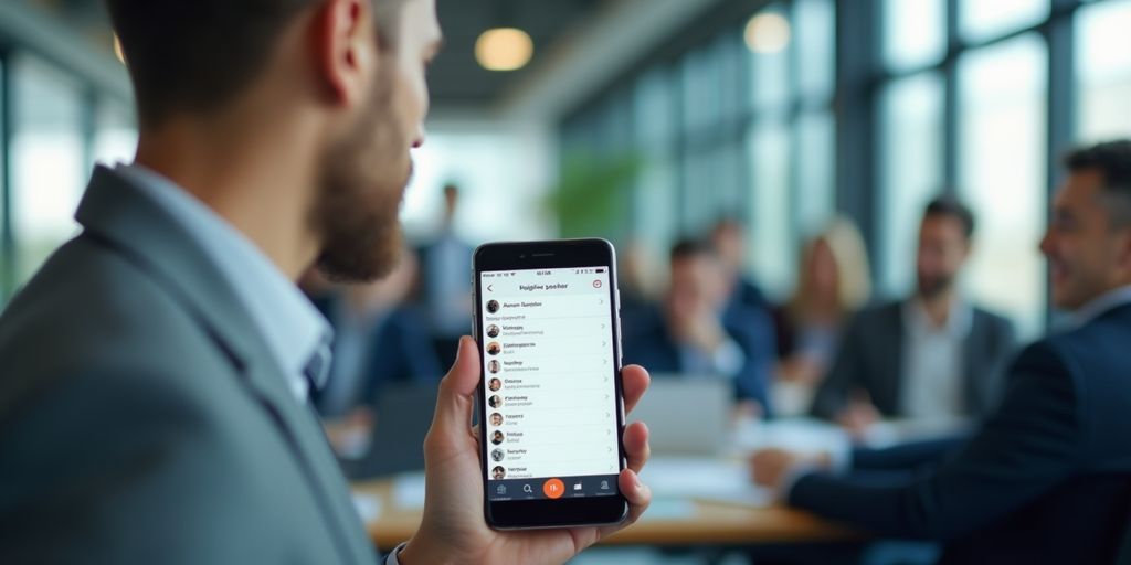 Smartphone displaying contact list in a busy office.